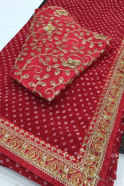 Designer Georgette Printed Bandhej Saree With Zari Embroidery Border