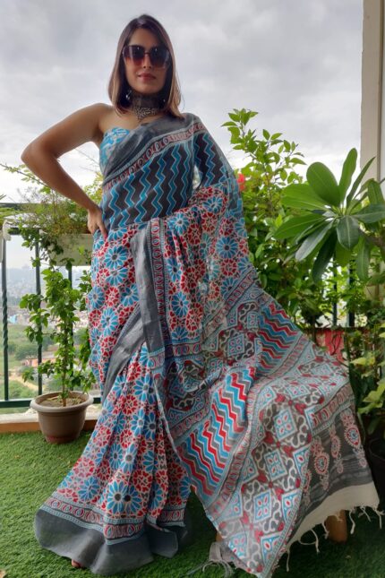 Linen Cotton Hand Block Printed Sarees
