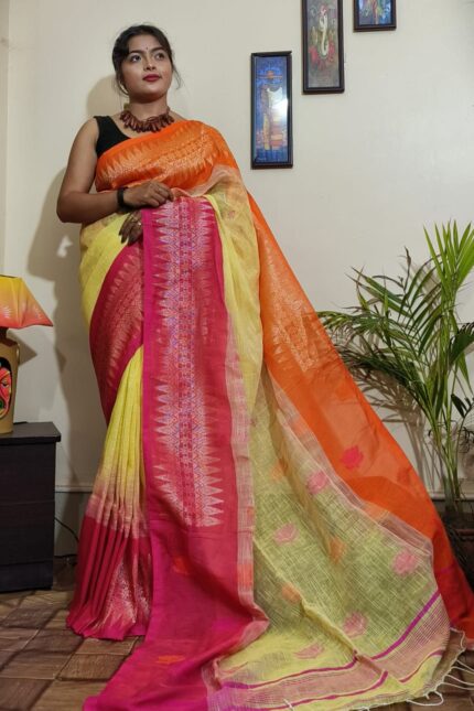 Pure Linen Saree with Ikkat Zari Weaving