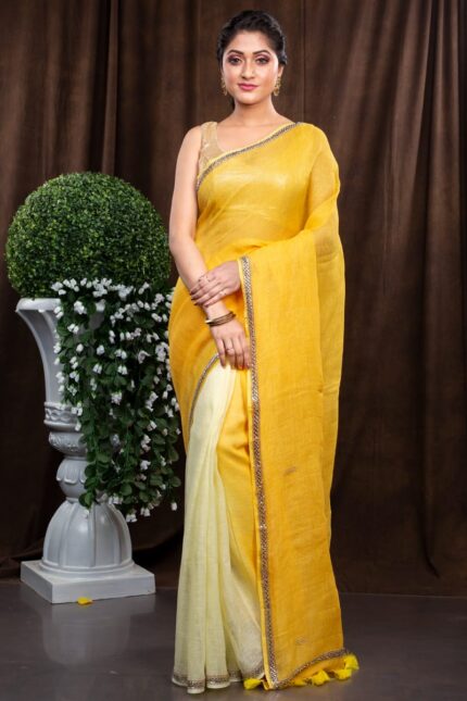 Pure Ombre Print Linen Saree With Sequins Border