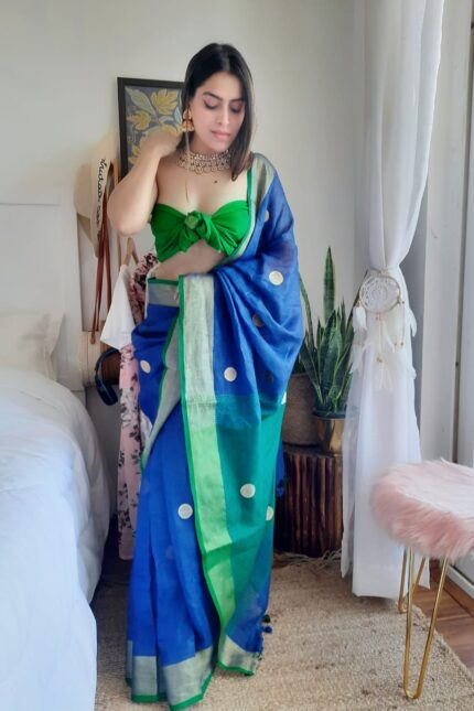 Pure Linen Saree With Polka Dot Zari Embroidery