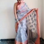 Banarasi Grey Kora Organza Saree with Contrast Pink Border