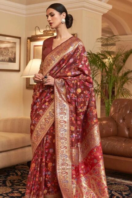 Kani Kashmiri Silk Cotton Saree with Zari Border