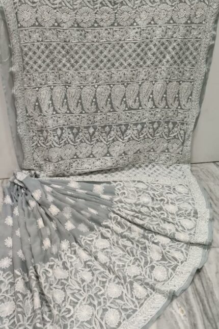 Pure Georgette Chikankari Half Jaal Saree