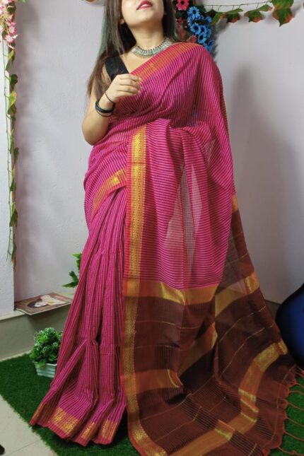 Pure Khadi Check Pattern Cotton Sarees with zari Border