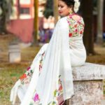 Ivory White Floral Border Chiffon Saree