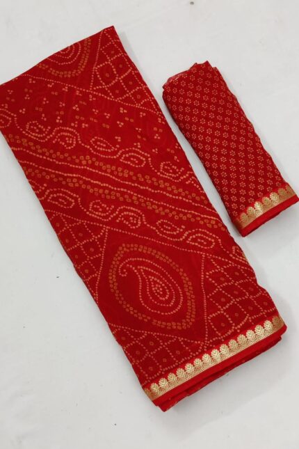 Printed Bandhej Georgette Saree with Zari Border
