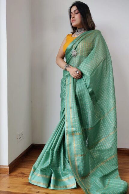 Semi Tussar Striped Zari Weaving Silk Saree