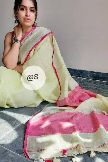 Pure Linen Sarees with Contrast Blouse