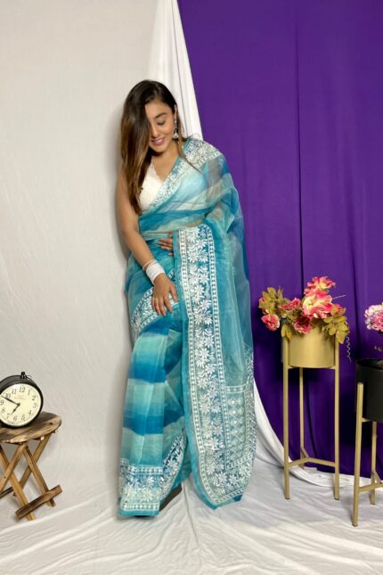 Designer Printed Organza Silk Saree With Embroidery