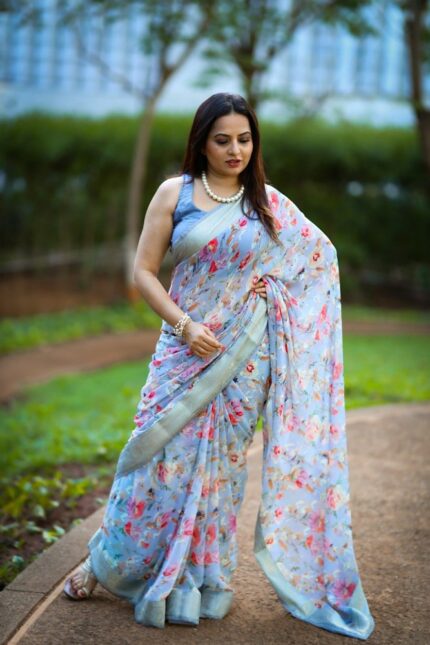 Grey Floral Georgette Saree With Banarasi Border