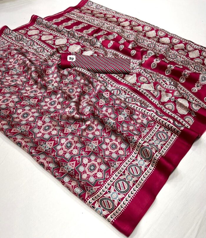 Satin Crepe Ajrakh Printed Saree