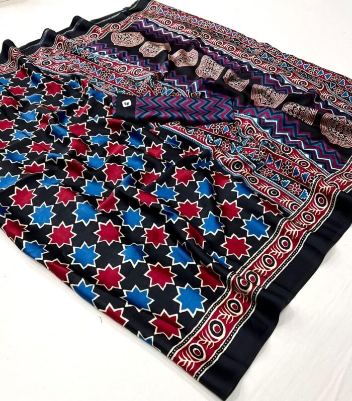 Satin Crepe Ajrakh Printed Saree