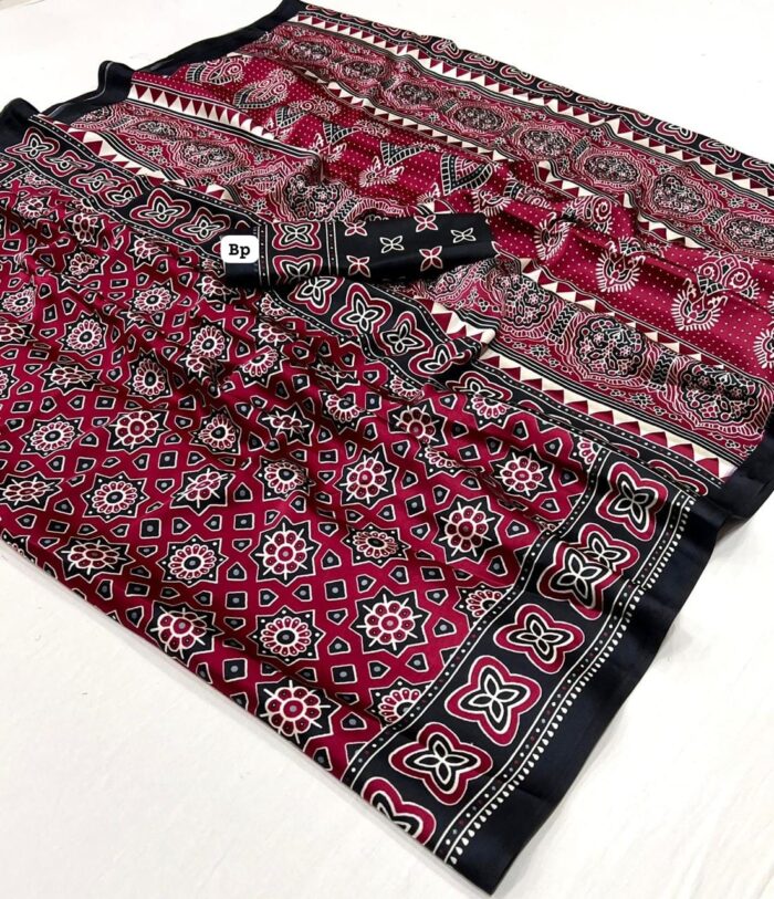 Satin Crepe Ajrakh Printed Saree