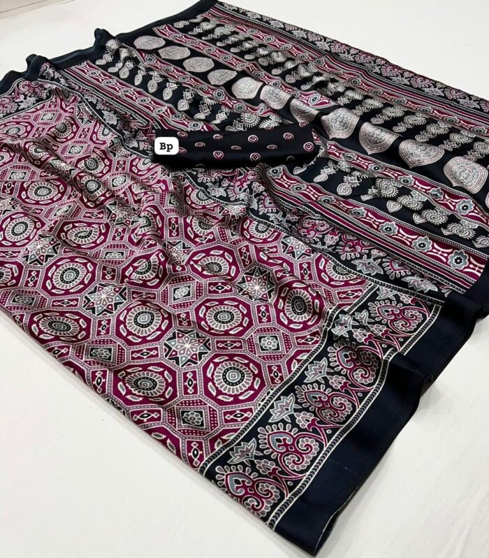 Satin Crepe Ajrakh Printed Saree