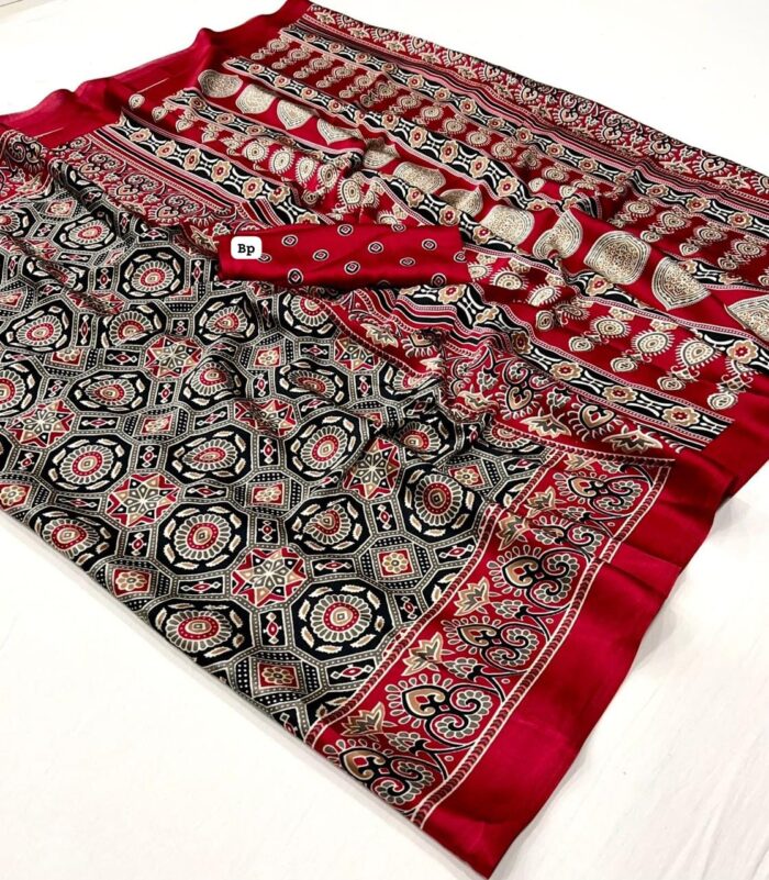 Satin Crepe Ajrakh Printed Saree