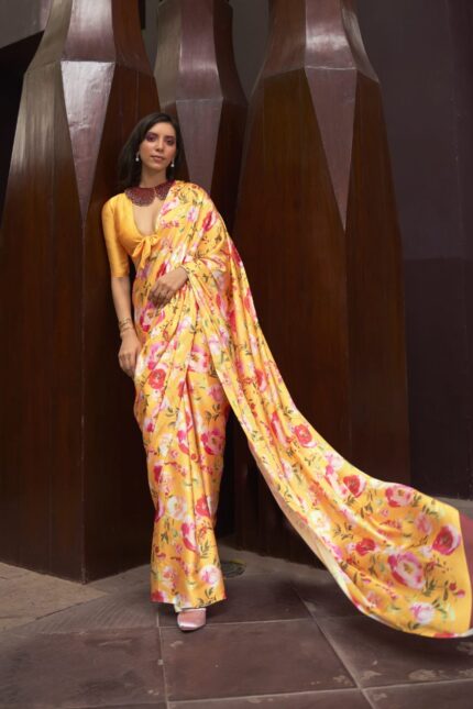 Yellow Italian Printed Crepe Silk Saree