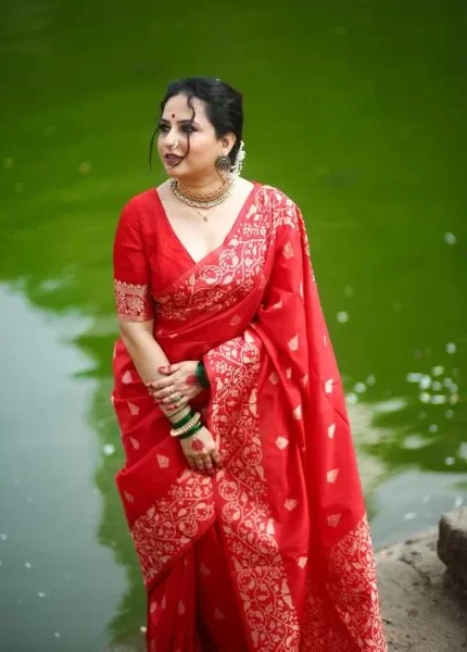 Red Raw Silk Jamdani Saree