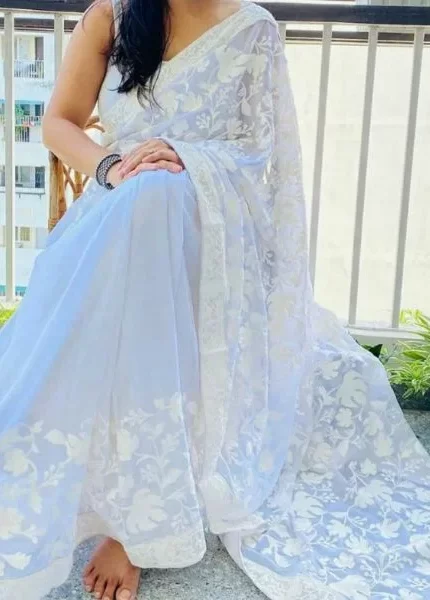 SareSagaa Kashmiri Georgette Chinar Embroidery Saree