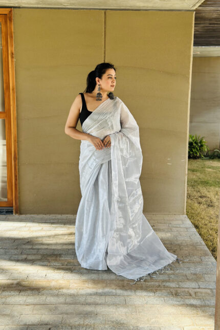 Silver Cotton Tissue Saree