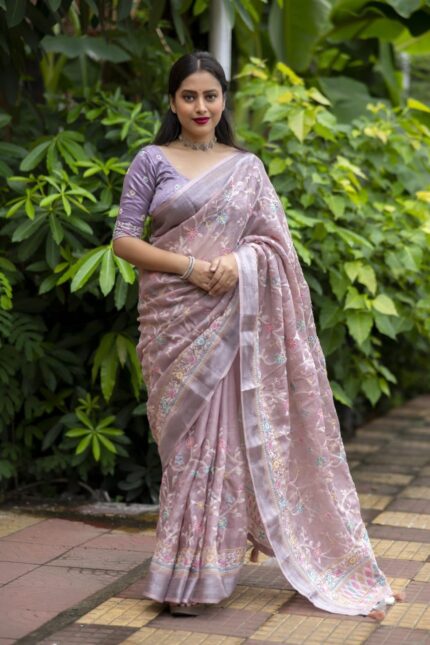 Soft Linen Saree with Silver Zari Weaving Pallu