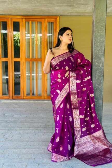 Purplish Wine Banarasi Semi Katan Silk Saree