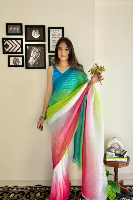 Green Sequence Georgette Crushed Saree