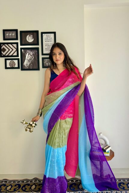 Multi Color Sequence Georgette Crushed Saree