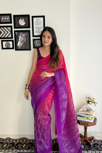 Wine Sequence Georgette Crushed Saree