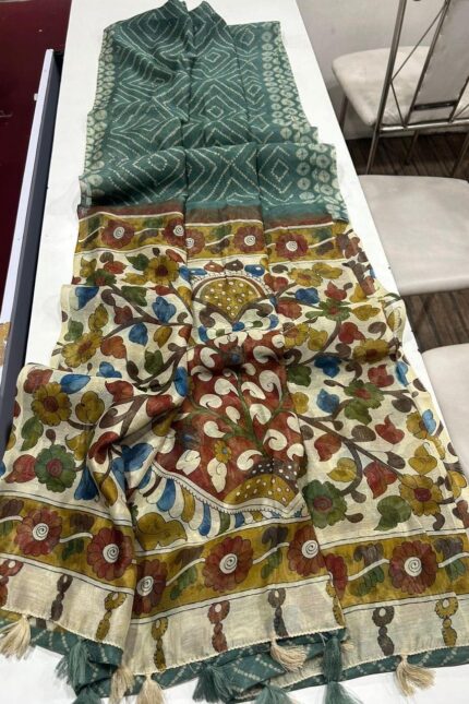 Bandhej Linen Saree With Kalamkari Printed Pallu