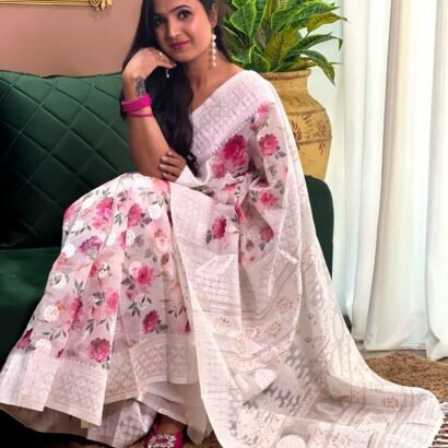 White Floral Print Saree With Embroidery Pallu