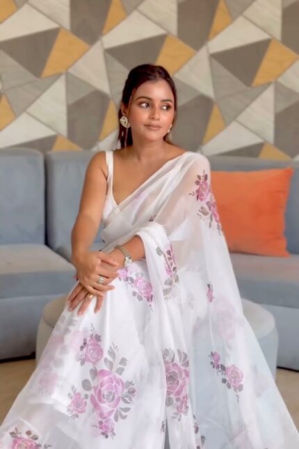 Organza Floral Saree with Hand Work