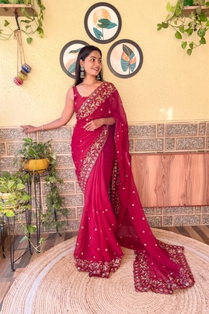 Red Embroidered Georgette Saree