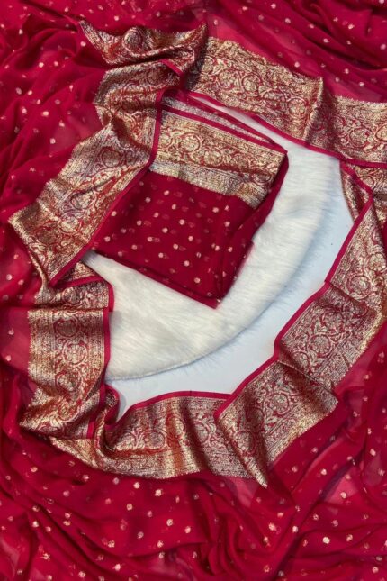 Red Viscose Georgette Golden Zari Buti Saree