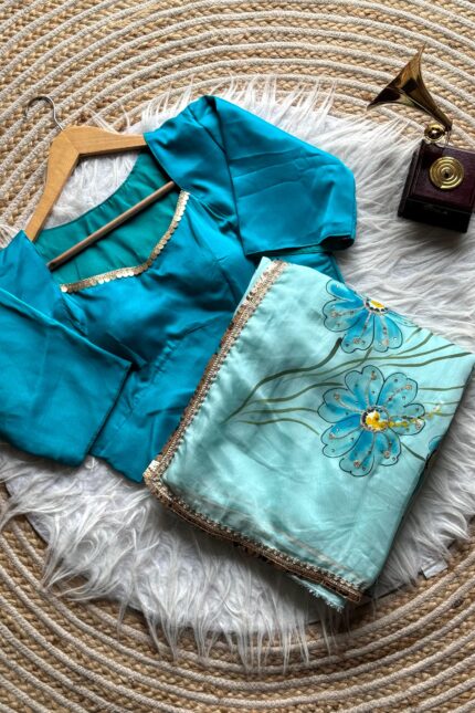 Blue Digital Printed Embroidered Tebi Silk Saree