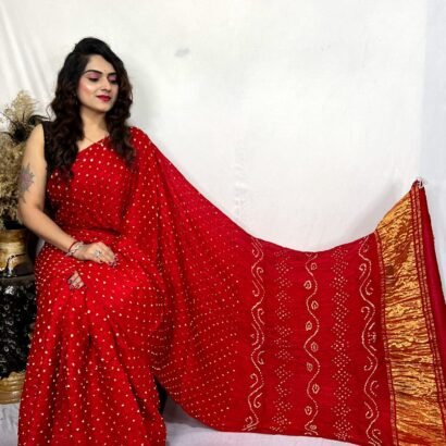 Red Hand Bandhej Modal Silk Saree