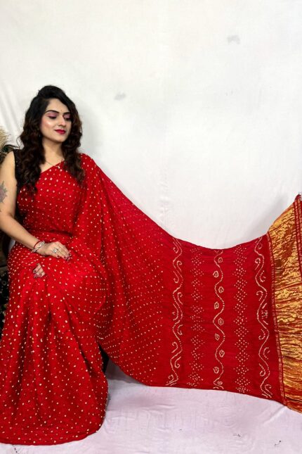 Red Hand Bandhej Modal Silk Saree