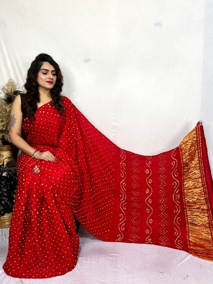 Red Hand Bandhej Modal Silk Saree