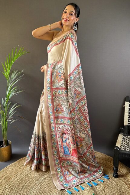Tussar Silk Madhubani Printed Saree