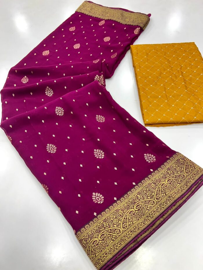 Designer Georgette Wine Color Saree with Contrast Blouse