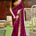 Designer Georgette Wine Color Saree with Contrast Blouse