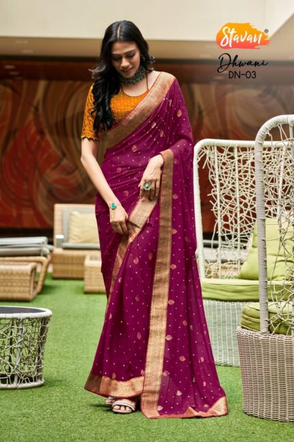 Designer Georgette Wine Color Saree with Contrast Blouse