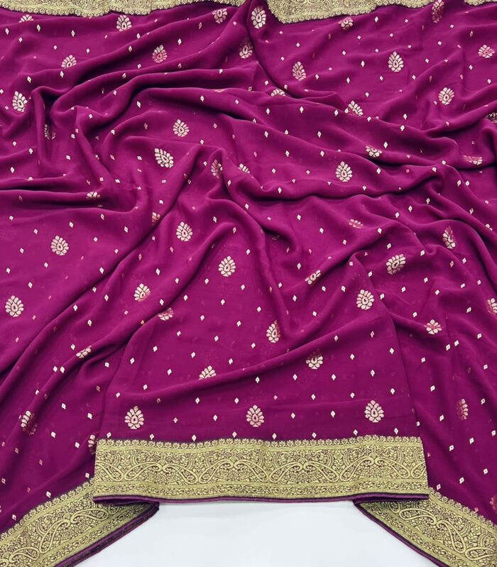 Designer Georgette Wine Color Saree with Contrast Blouse
