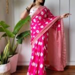 Pink Jaipuri Cotton Mulmul Printed Saree with elegant traditional print, soft lightweight breathable fabric and matching blouse piece