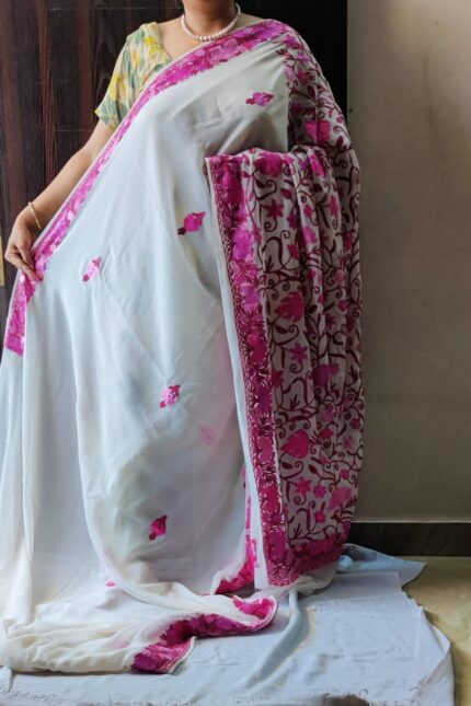 Kashmiri Georgette Off White Resham Aari Embroidery Work Saree With blouse