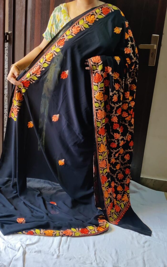 Kashmiri Aari Embroidery Black Georgette Saree