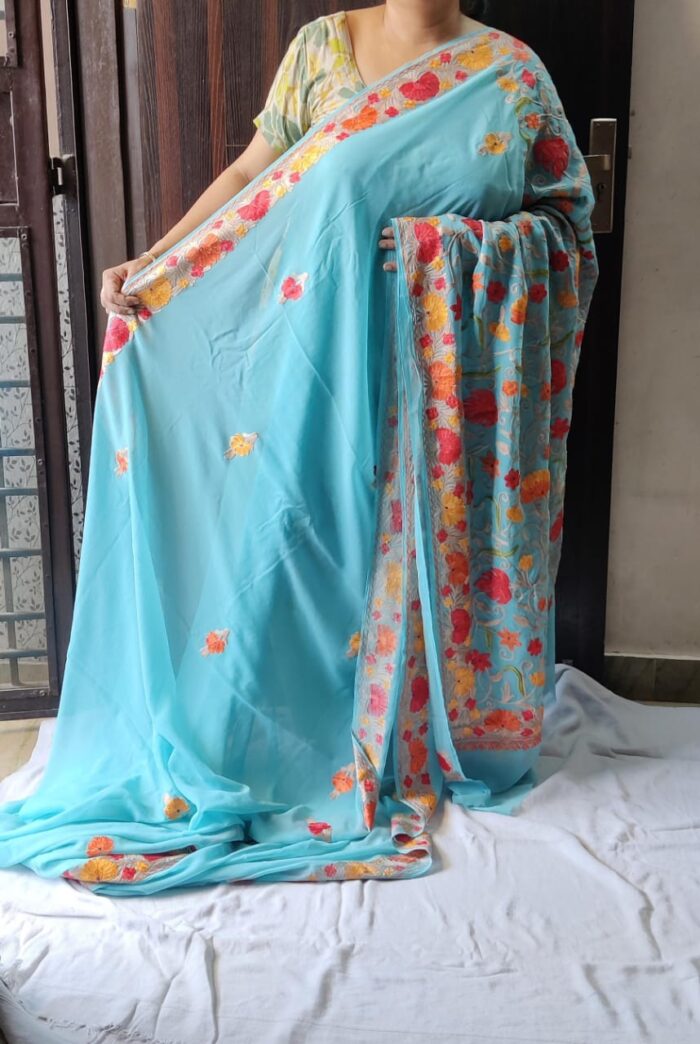 Kashmiri Georgette Sky Blue Saree With Multi Color Hand Heavy Aari Embroidery