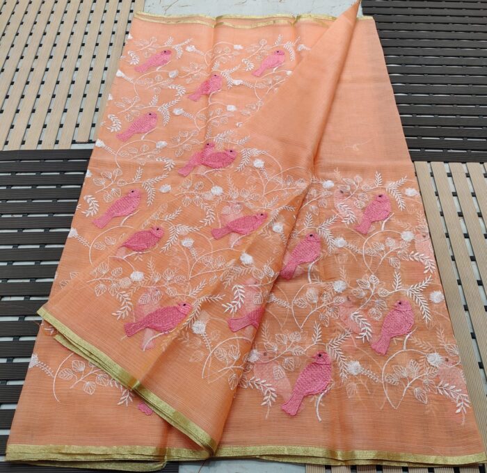 Soft Kota Doria Cotton Saree with Parrot Embroidery Motiffs
