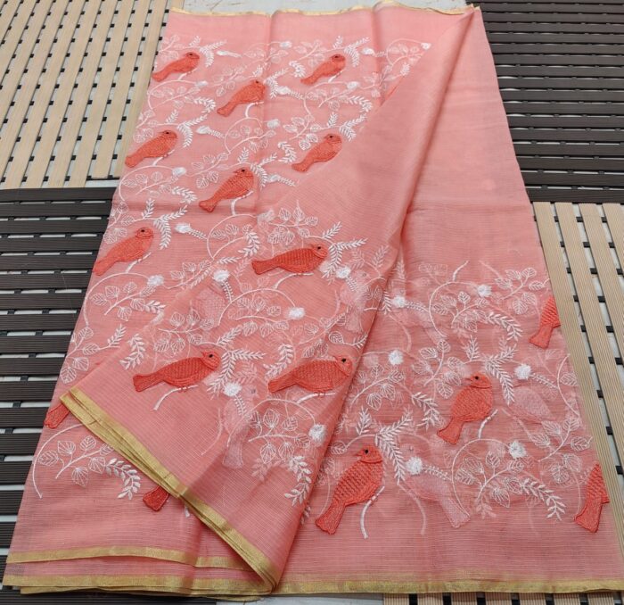 Soft Kota Doria Cotton Saree with Parrot Embroidery Motiffs