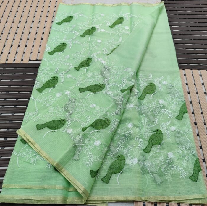 Soft Kota Doria Cotton Saree with Parrot Embroidery Motiffs